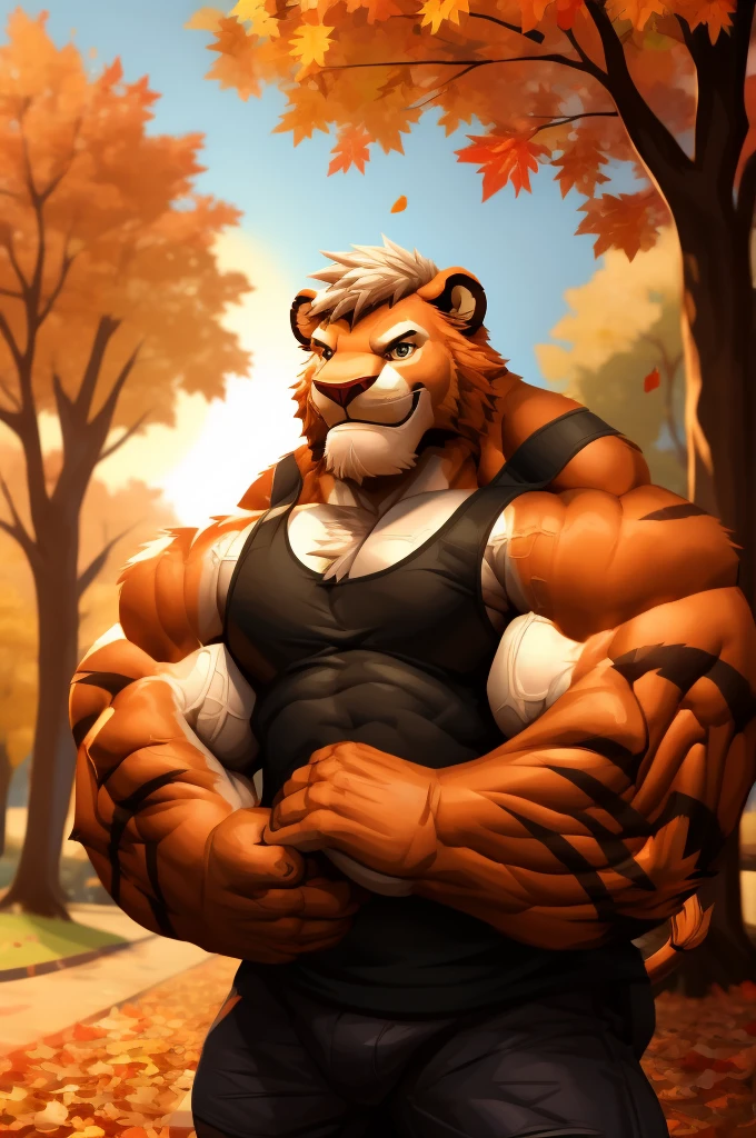 a muscular furry lion in park, tank top, happy, autumn, vector, mwvector, bokeh, smile, (masterpiece:1.2),(best quality,8k),huge and muscular,thick arms,short hair,white hair