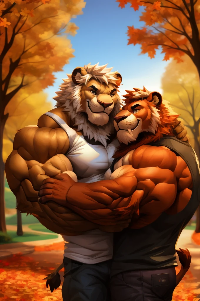 a muscular furry lion in park, tank top, happy, autumn, vector, mwvector, bokeh, smile, (masterpiece:1.2),(best quality,8k),huge and muscular,thick arms,short hair,white hair