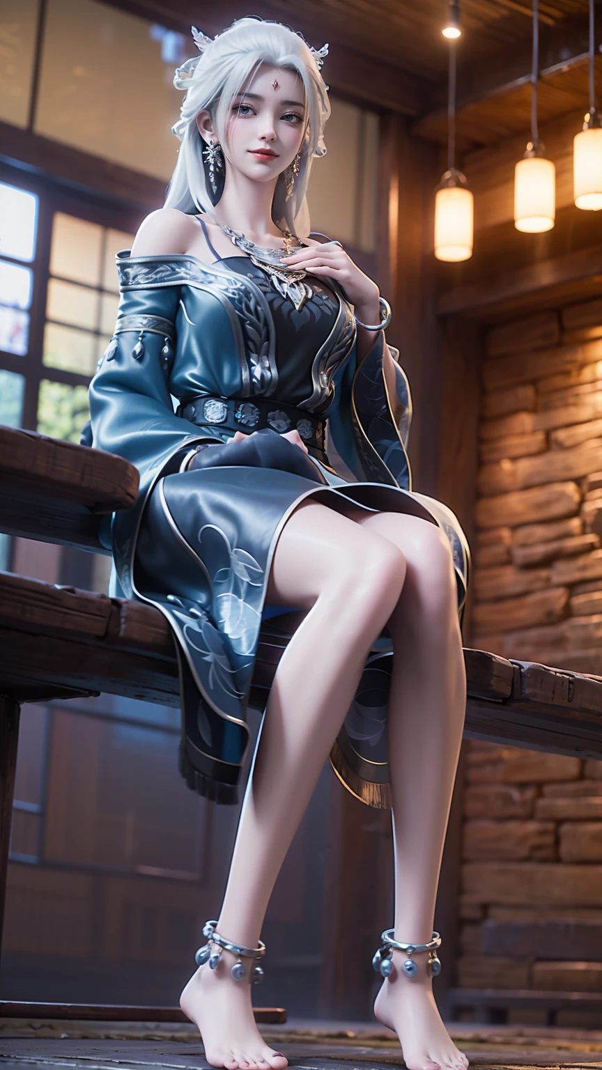 ((Shot in the knee)), ((From below)),A young girl, Wearing a skirt，At the bar, sit on the chair, Cross your legs, Posing elegantly, Detailed scenario, Messy long hair, Blush Blush, Beautiful slender legs, (Very high color saturation), details, Ultra Detailed, (masterpiece, Best quality), (Extremely exquisite and beautiful work), Delicate earrings, Exquisite necklace, Simple blur background, Extremely detailed description, Super Fine, Delicate face, slim body, Thin waist, (Grin), (Anatomically correct)，whole body，barefoot