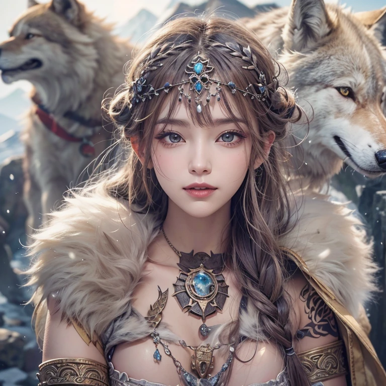 Lakeside surrounded by snowy mountains、Hair Flow、 ((Highest quality、masterpiece、8k、Best image quality、Ultra-high resolution、Award-winning works)、(Accurate anatomy:1.1)、(Look at me and smile:1.1)、Shining fair skin with Ultra-high resolution、The most detailed face、Ultra-high resolution detailed face、Ultra-high resolutionの髪の毛、(Ultra-high resolutionの煌めく瞳:1.1)、Beautiful face drawn in every detail、Ancient Viking clothing, Chest to chest, tattoo, A real wolf is by your side