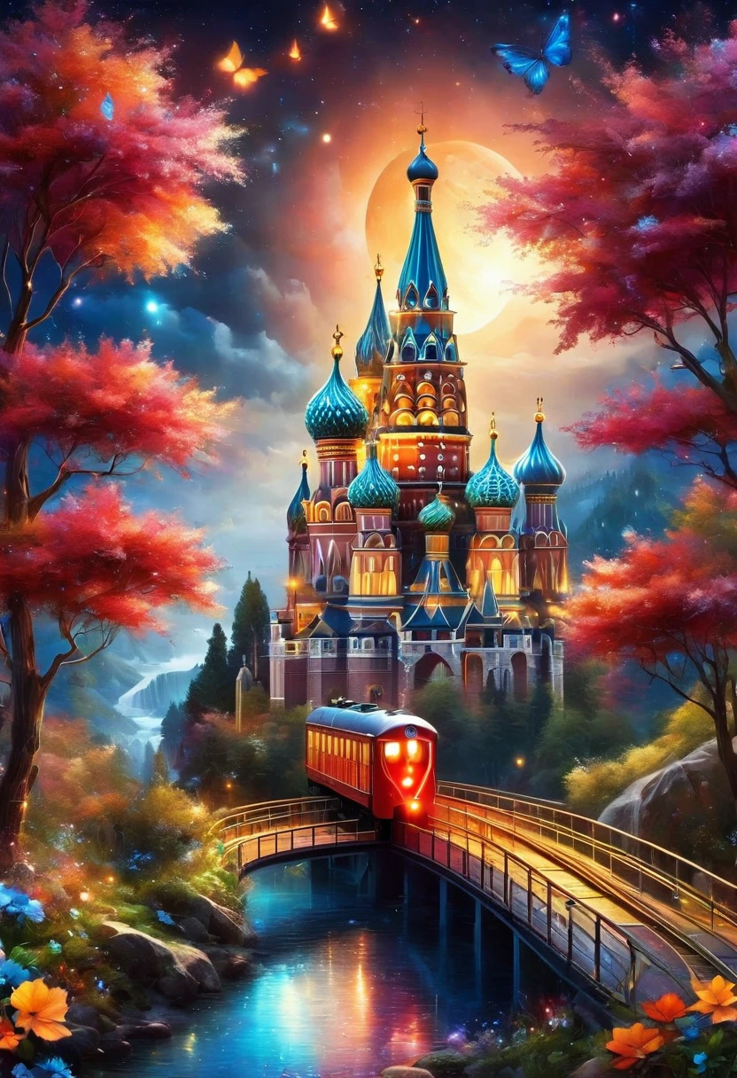 crystal train + with red backlight +in the style of St. Basil, high resolution, high detail