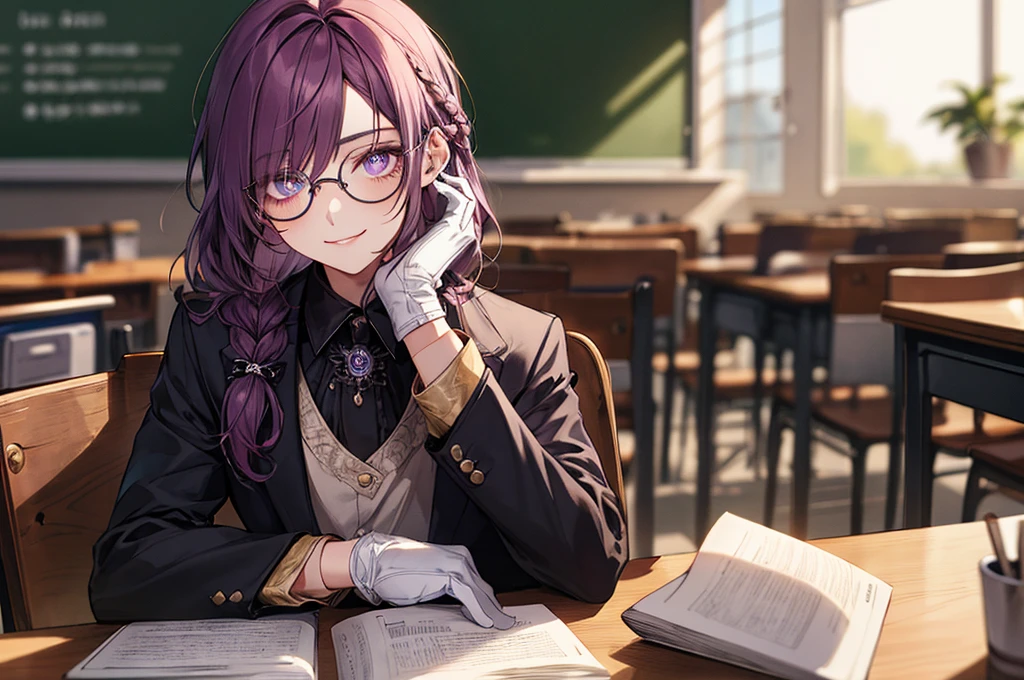 men's，single braid hair，violet colored hair，（Eye 1：2，Clear eyes，Elaborate Eyes，Delicate pupils，Good eyes，eye detailed），Face Focus，Adult，In black suit，best qualtiy，facial detailing，‎Classroom，sit on desk，sitting in the couch，lazy，Detailed background，diffuse sunlight，depth of fields，Studying　Smiling at your desk, violet eyes,black gloves, round glasses, long sleeves,violet hair, smile,