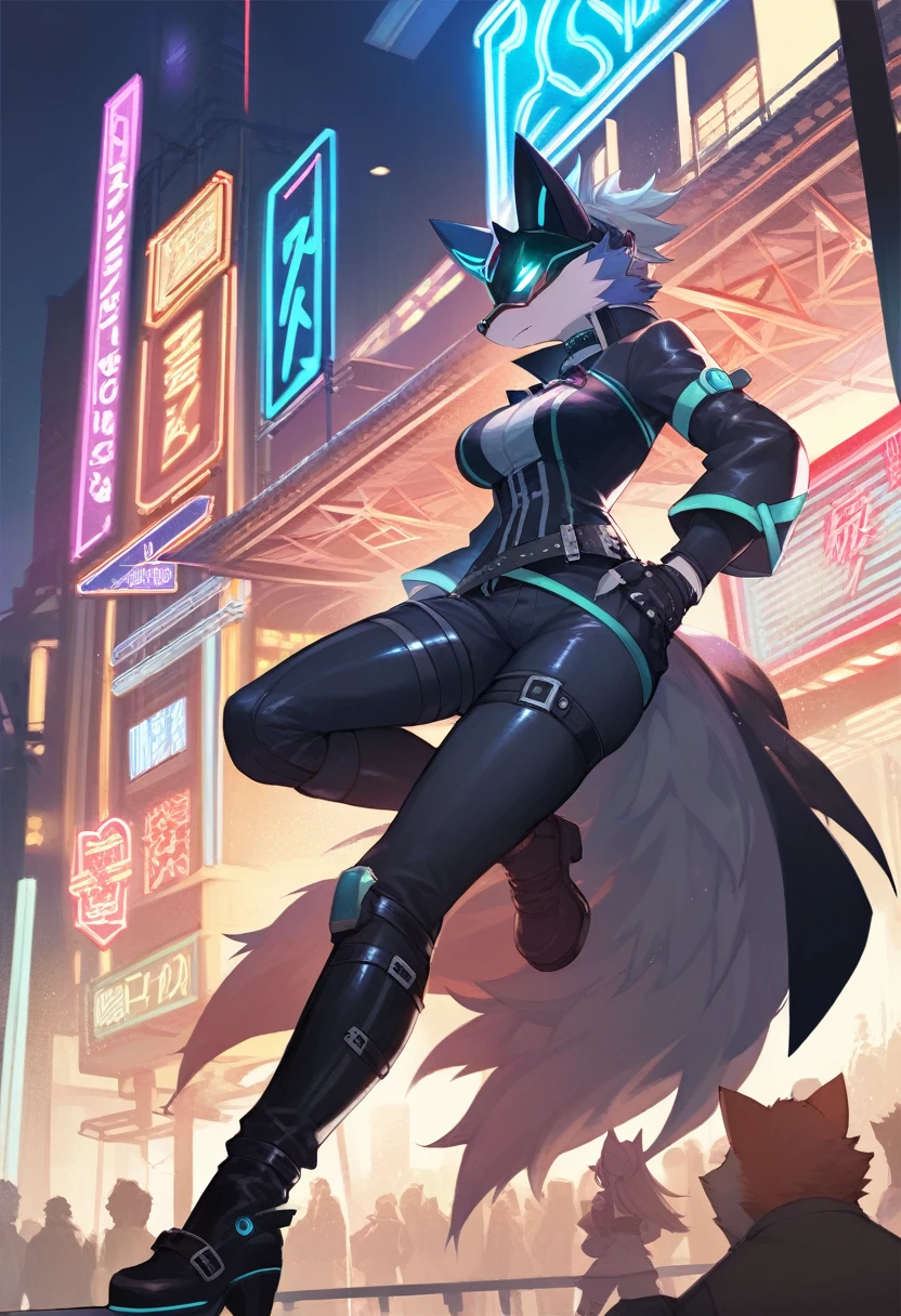 masterpiece, best quality, novel illustration, highres, steam-punk meets sci-fi, rubber suit, neon lights glowing, station platform crowded, (1boy, 1girl, hero, heroine, kemono, furry, anthro), shoots weapon, alluring neon-glow, steam-punk world, gothic atmosphere, sensuality of the scene, 1girl protagonist with gun, station scene, neon sign, glittering neon cityscape, crowd of people.