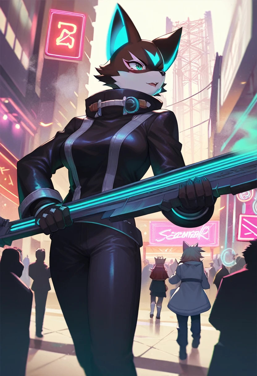 masterpiece, best quality, novel illustration, highres, steam-punk meets sci-fi, rubber suit, neon lights glowing, station platform crowded, (1boy, 1girl, hero, heroine, kemono, furry, anthro), shoots weapon, alluring neon-glow, steam-punk world, gothic atmosphere, sensuality of the scene, 1girl protagonist with gun, station scene, neon sign, glittering neon cityscape, crowd of people.