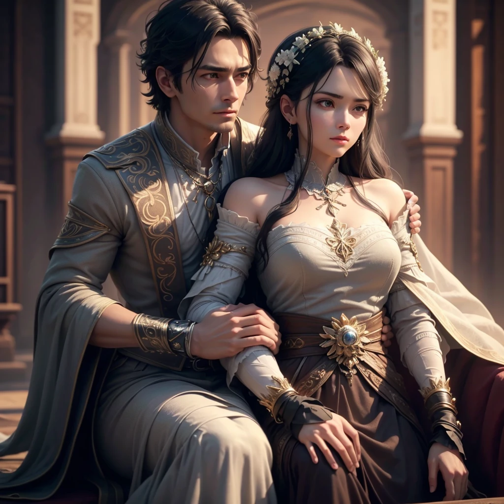 A man holding a woman in back, realistic detailed UHD 4k photography extreme quality, Cg unity 8k, super delicate, background blur, full depth of field, HDR high dynamics, real restoration, intricate and extreme details, perfectly presenting the style of midjourney art.  realistic, elegant, goddess, surrealism, high detail, supremacy, cinematic lighting, ray tracing, shadow, uhd, retina, masterpiece, ccurate, anatomically correct, textured skin, super detail, high detail, high quality, high quality, award-winning, best quality, high resolution, 1080P, 16k, 8k, 4K, HD