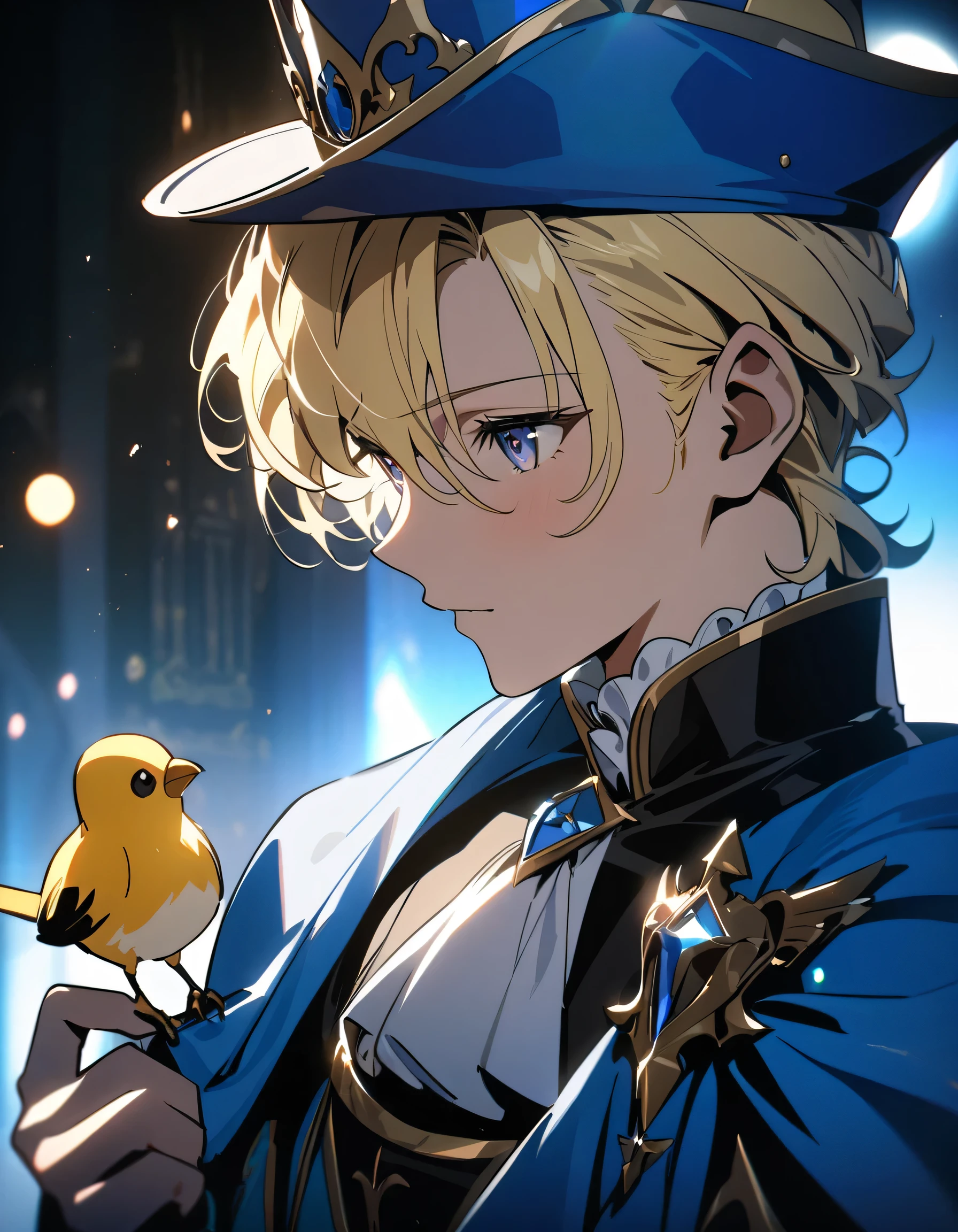 "{{masterpiece}}, Highest quality, Cinema Lighting, Captivating lens flare,Wearing a blue cape and hat、Anime character holding a bird, Portrait of the Blonde Prince, Inspired by Le Chevalier,Machiavelli&#39;s Puppet Master, okita sougo, 青い目をした背の高いアニメのmale,Handsome,male, [[[[smile wickedly]]]], Anime boy with orange hair, Fascinating colorful light particles, Attractive heterochromia, (Vivid and vibrant:1.5), (Vibrant and lively hair:1.5).", Cyan eyes, , (8k, Original photo, Highest quality, masterpiece: 1.2), (practical: 1.6), (masterpiece), (Highest quality: 1.0), (Ultra-high resolution: 1.0), detailed, only, detailed beautiful skin, detailed room, practical skin, High quality CG, fair