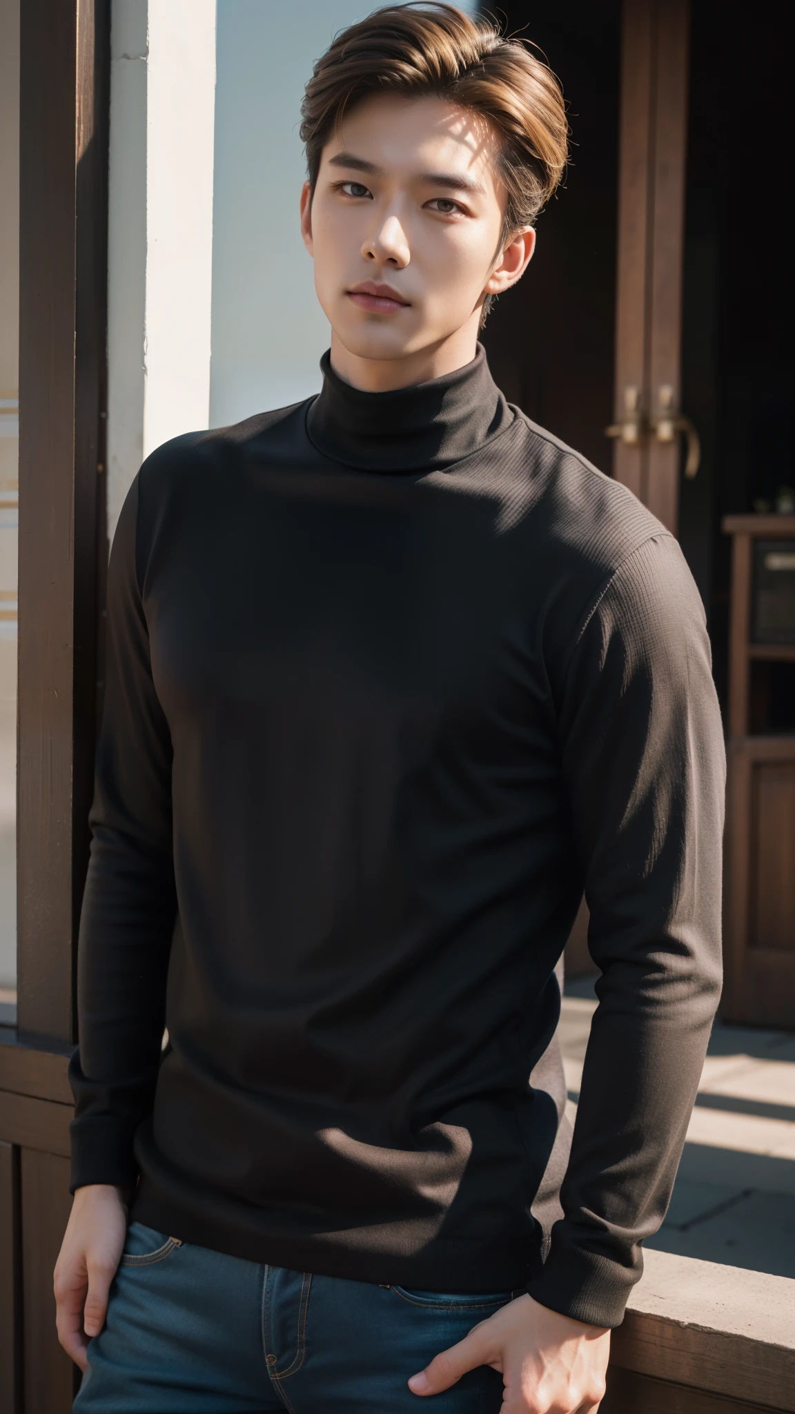 (realistic, คุณภาพhigh: 1.3) Handsome Asian man, high, Turtleneck, Skinny jeans, photography, Dutch corner, outdoor, Hair style up, hair dyed blonde