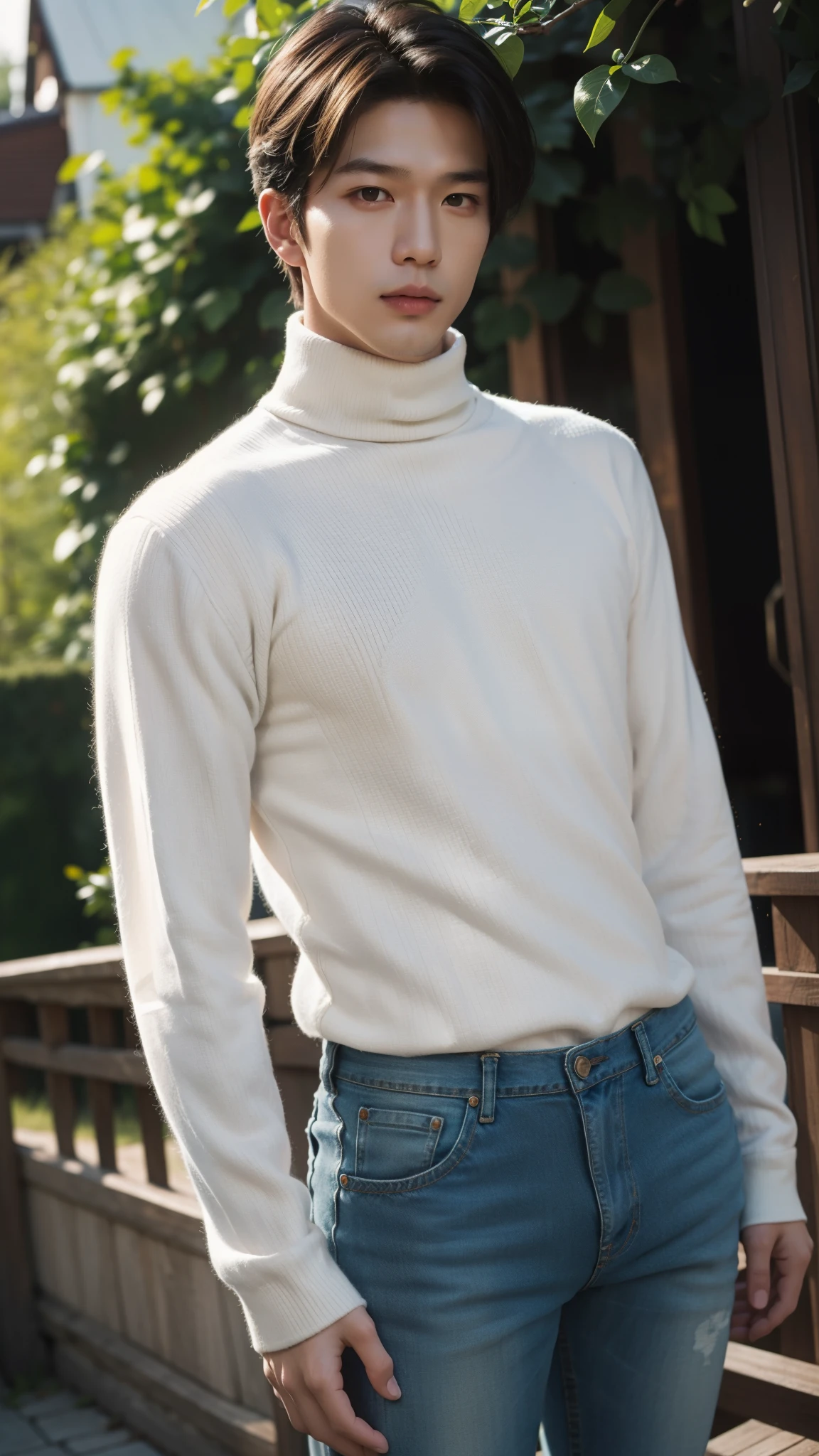 (realistic, คุณภาพhigh: 1.3) Handsome Asian man, high, Turtleneck, Skinny jeans, photography, Dutch corner, outdoor, Hair style up, hair dyed blonde