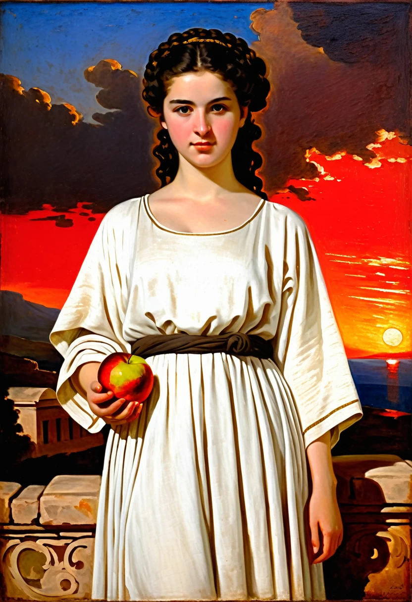 [[(front full portrait: (young Greek woman of the period of antiquity with apple)in a white Greek tunic), on Parnas, ((Joshua Reynolds style)), [dress ((Joshua Reynolds style))]):20]/[background: ancient Greece ampir
 , old canva, (scarlet sunset), ((style antique greece))]/[very colorful,((oil painting palette knife))((masterpiece))]]