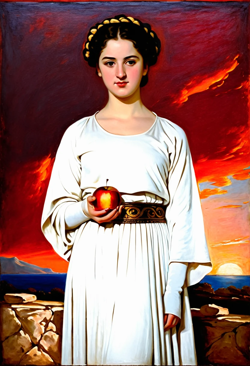 [[(front full portrait: (young Greek woman of the period of antiquity with apple)in a white Greek tunic), on Parnas, ((Joshua Reynolds style)), [dress ((Joshua Reynolds style))]):20]/[background: ancient Greece ampir
 , old canva, (scarlet sunset), ((style antique greece))]/[very colorful,((oil painting palette knife))((masterpiece))]]
