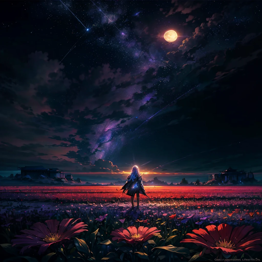 expansive landscape photography, (a bottom view showing the sky above and open country below), a girl standing in a field of flowers looking up, (full moon: 1.2), (shooting stars: 0.9), (nebula : 1.3), distant mountain, BREAK tree production art, (warm light source: 1.2), (Firefly: 1.2), lamp, lots of purple and orange, intricate details, volumetric lighting, BREAK realism (masterpiece: 1.2) , (best quality), 4k, ultra-detailed, (dynamic compositing: 1.4), highly detailed, colorful details, (iridescent colors: 1.2), (bright lighting, atmospheric lighting), dreamy, magical, (solo: 1.2)