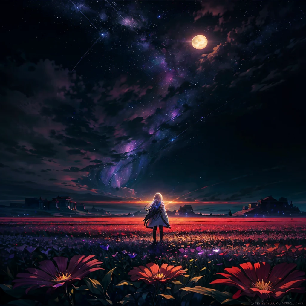 expansive landscape photography, (a bottom view showing the sky above and open country below), a girl standing in a field of flowers looking up, (full moon: 1.2), (shooting stars: 0.9), (nebula : 1.3), distant mountain, BREAK tree production art, (warm light source: 1.2), (Firefly: 1.2), lamp, lots of purple and orange, intricate details, volumetric lighting, BREAK realism (masterpiece: 1.2) , (best quality), 4k, ultra-detailed, (dynamic compositing: 1.4), highly detailed, colorful details, (iridescent colors: 1.2), (bright lighting, atmospheric lighting), dreamy, magical, (solo: 1.2)