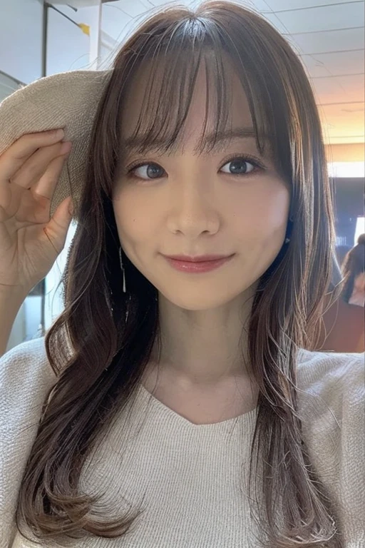 (8K、Raw photo、highest quality、masterpiece、table top:1.2)、(realistic、Photoreal)、Korean、beauty、(very big breasts:1.1)、Long sleeve white knit、(Place the chest completely on the table:1.3)、lean on the table、The area from the chest down is covered by a table.、shoot through the table、sit on a chair、(library:1.1)、perfect limbs、natural smile、detailed expression、from the front、So that I can feel the weight on my chest、angle from below
