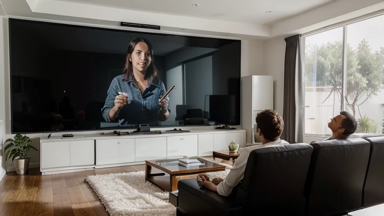 professional photo with high detail, the interior of a modern living room, a projector screen on the wall, a man and a woman watching a movie