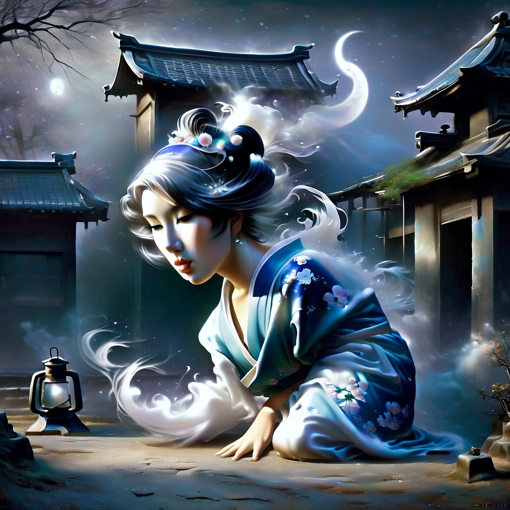 Ghost in the Moonlight，Unhappy young woman in kimono、Airbrush Style, Beautiful details、The lower half of the body becomes smoky、Near the old well、A rundown house