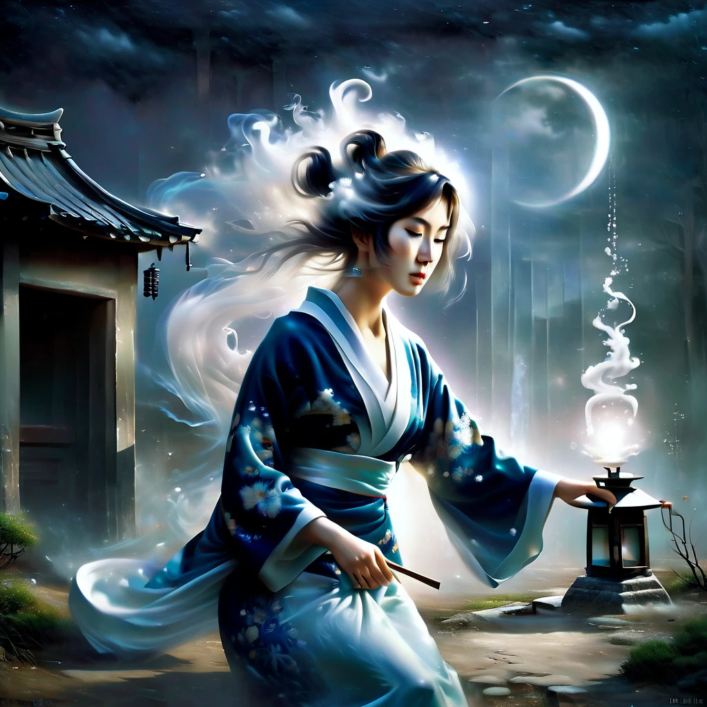 Ghost in the Moonlight，Unhappy young woman in kimono、Airbrush Style, Beautiful details、The lower half of the body becomes smoky、Near the old well、A rundown house