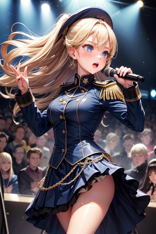 One adult woman,cool,Beauty,blush,Navy blue military uniform lolita,Long Skirt,straight,long,Blonde,Blue Eyes,Big earrings,Singing on stage,Singing passionately,Sweat,Strong spotlight,Sparkling