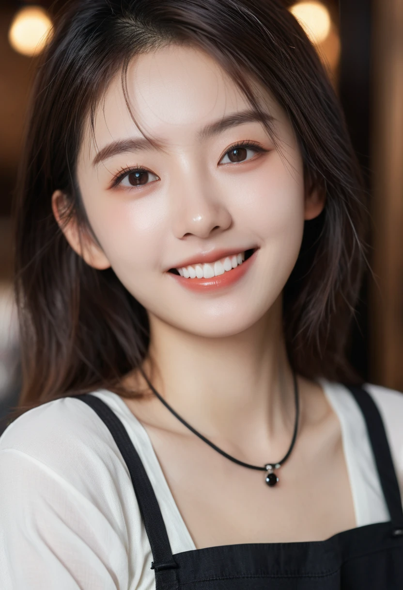 Highest quality, Realistic, 8k, High resolution, Interior background of the izakaya,1 girl, woman, (Skin dents), T-shirt and black apron,(Portraiture:0.6), Nice, Random Hairstyles,Beautiful white teeth,Beautiful and clear teeth alignment,Looking at the audience, (1 girl eyes Looking at the audience:1.6), Realistic, (Bokeh), (A sloppy smile, Mouth closed:1.3), とてもかわいい1 girl、24-years-old、Long Hair、Gray Hair、reduce hair volume,Upper Body、(head shot:1.5)、Eyes focus、(8k、RAW Photos、Highest quality、masterpiece:1.2)、(Realistic、Realistic:1.3)、Hmph、The depth of the written world、Wide Light、High Contrast、(Shine:1.4)、chromatic aberration、Sharp focus、Raw color photography、Cinema Lighting、8k解像度、