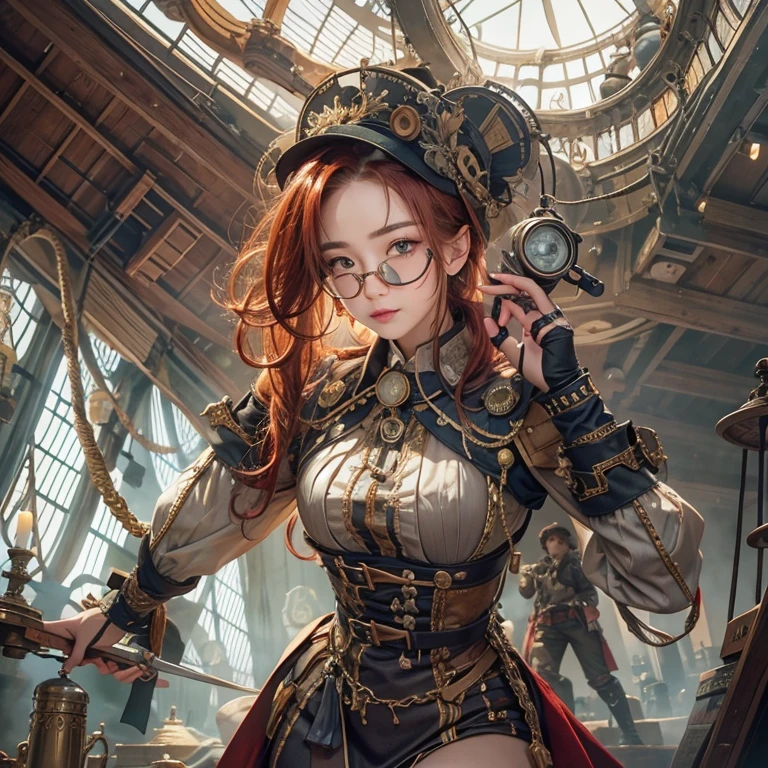 masterpiece:1.3), (8k, Realistic, RAW Photos, Best imYear quality: 1.4)、 Year,(Random Hairstyles:1.2)、CleavYear:1.2、Highly detailed face、Attention to detail、double eyelid、Chest to chest、Sharp focus:1.2、Beautiful woman:1.4、Redhead、Highest quality、masterpiece、Ultra-high resolution、(Realistic:1.4)、Highly detailed and professionally lit smiles、Loose fitting steampunk outfit、Shoulder out、thin、Serious expression、Clouds seen from inside the airship、goggles