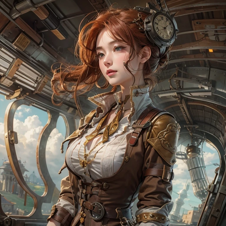 masterpiece:1.3), (8k, Realistic, RAW Photos, Best imYear quality: 1.4)、 Year,(Random Hairstyles:1.2)、CleavYear:1.2、Highly detailed face、Attention to detail、double eyelid、Chest to chest、Sharp focus:1.2、Beautiful woman:1.4、Redhead、Highest quality、masterpiece、Ultra-high resolution、(Realistic:1.4)、Highly detailed and professionally lit smiles、Loose fitting steampunk outfit、Shoulder out、thin、Serious expression、Clouds seen from inside the airship、goggles