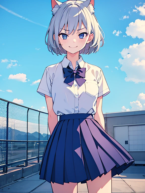 School rooftop, Chain link fence, ((One girl)), (mean smirk:1.3), (Put your hands behind your back:1.3), (Cat ear), Gray Hair, Bobcut, White short sleeve shirt, (JK skirt), Navy blue pleated skirt, A bow tie, Upper Body Shot, ((Highest quality)), ((masterpiece)), (detailed), Perfect Face, Perfect Arms, Perfect hands, Perfect Fingers, anime, Ultra-fine illustration,