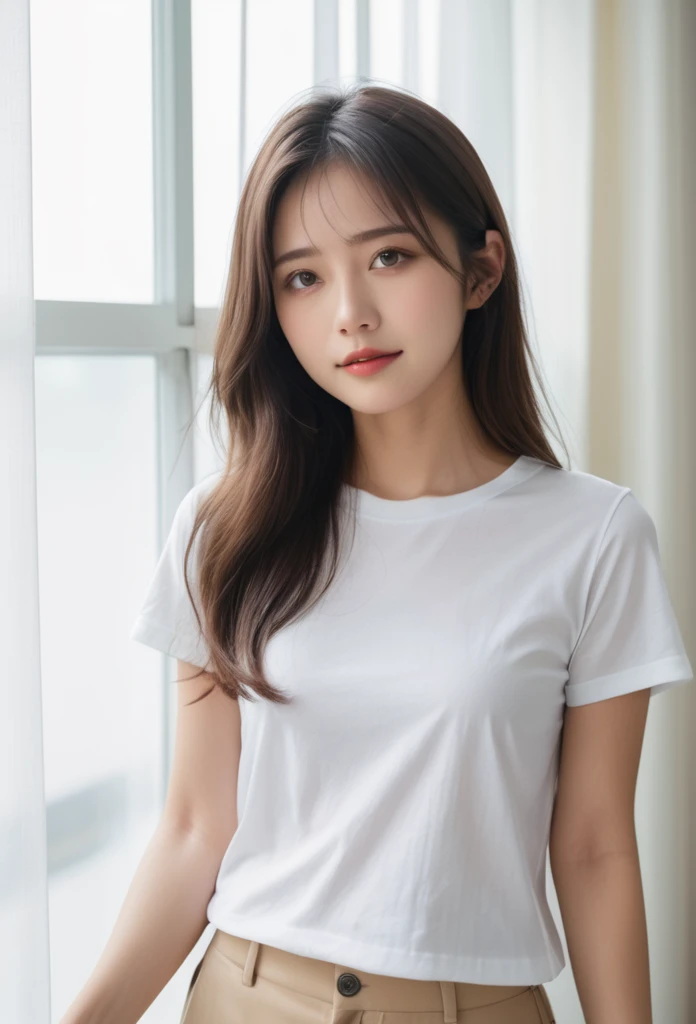 Japanese women, (close:2), (Natural light),Wavy Hair, amount, (Dark brown eyes),(From the side), (Downward eyes),
(White T-shirt),(Dynamic pose)model、Selfie style
(See-through curtains, Bright room)