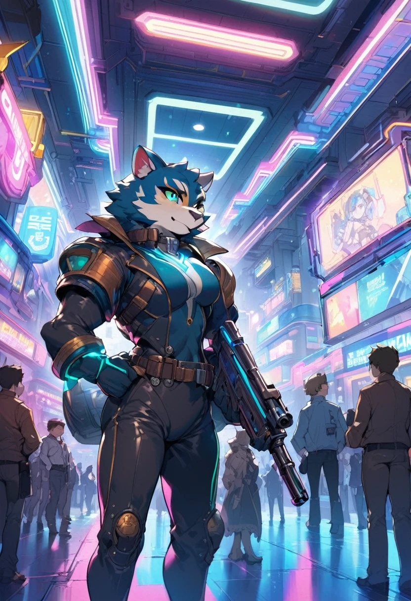 masterpiece, best quality, novel illustration, highres, steam-punk meets sci-fi, rubber suit, neon lights glowing, station platform crowded, (1boy, 1girl, hero, heroine, kemono, furry, anthro), shoots weapon, alluring neon-glow, steam-punk world, gothic atmosphere, sensuality of the scene, 1girl protagonist with gun, station scene, neon sign, glittering neon cityscape, crowd of people.