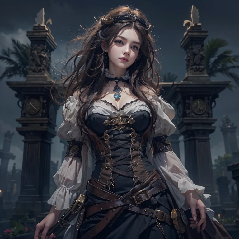 Standing in the grave、Hair Flow、 ((Highest quality、masterpiece、8k、Best image quality、Ultra-high resolution、Award-winning works)、(Accurate anatomy:1.1)、(Look at me and smile:1.1)、Shining fair skin with Ultra-high resolution、The most detailed face、Ultra-high resolution detailed face、Ultra-high resolutionの髪の毛、(Ultra-high resolution eye:1.1)、Beautiful face drawn in every detail、Steampunk costumes, Chest to chest, Strange atmosphere, Ghosts flow, Dark Light, At the cemetery, Heavy makeup