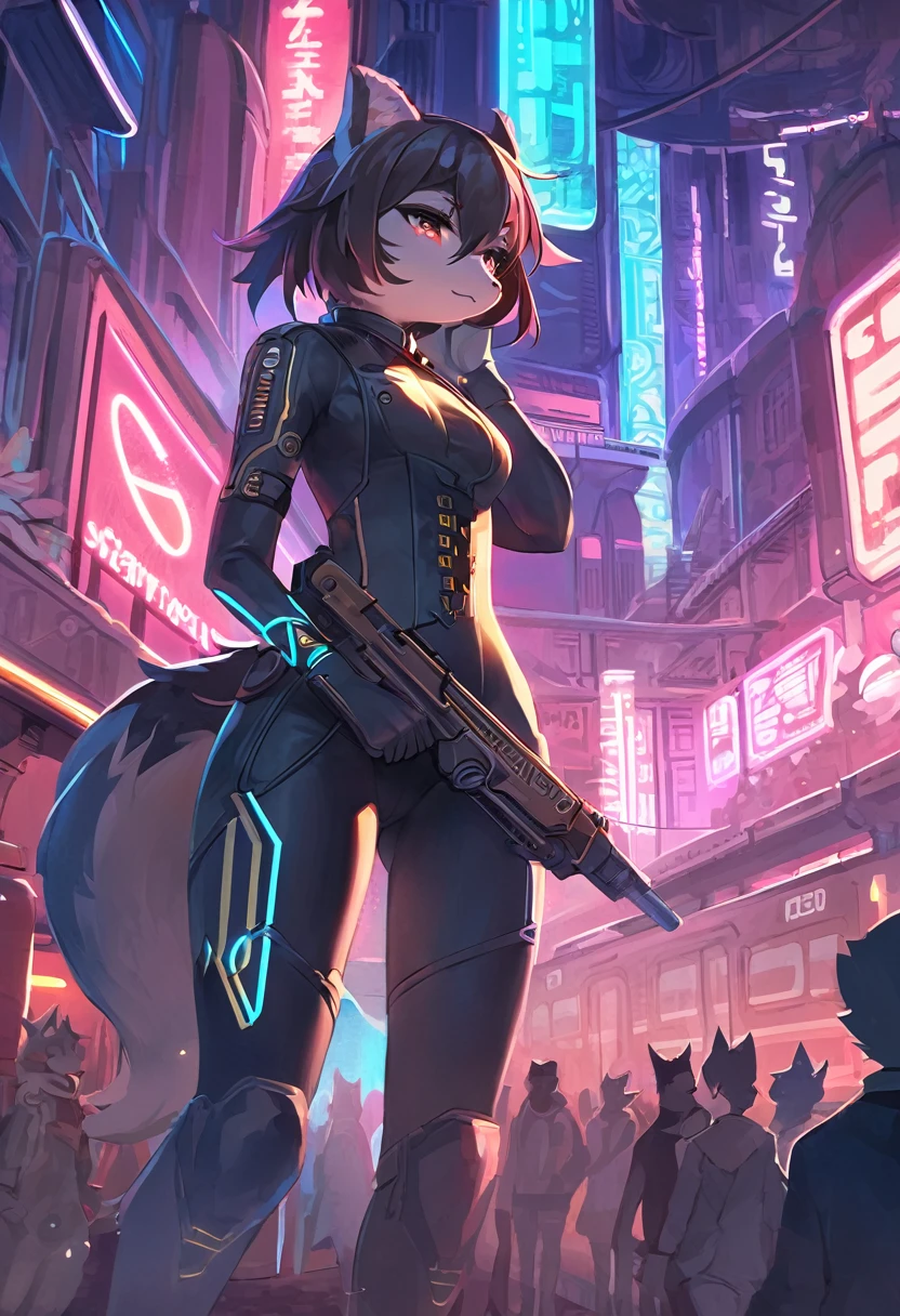 masterpiece, best quality, novel illustration, highres, steam-punk meets sci-fi, rubber suit, neon lights glowing, station platform crowded, (1boy, 1girl, hero, heroine, kemono, furry, anthro), shoots weapon, alluring neon-glow, steam-punk world, gothic atmosphere, sensuality of the scene, 1girl protagonist with gun, station scene, neon sign, glittering neon cityscape, crowd of people.