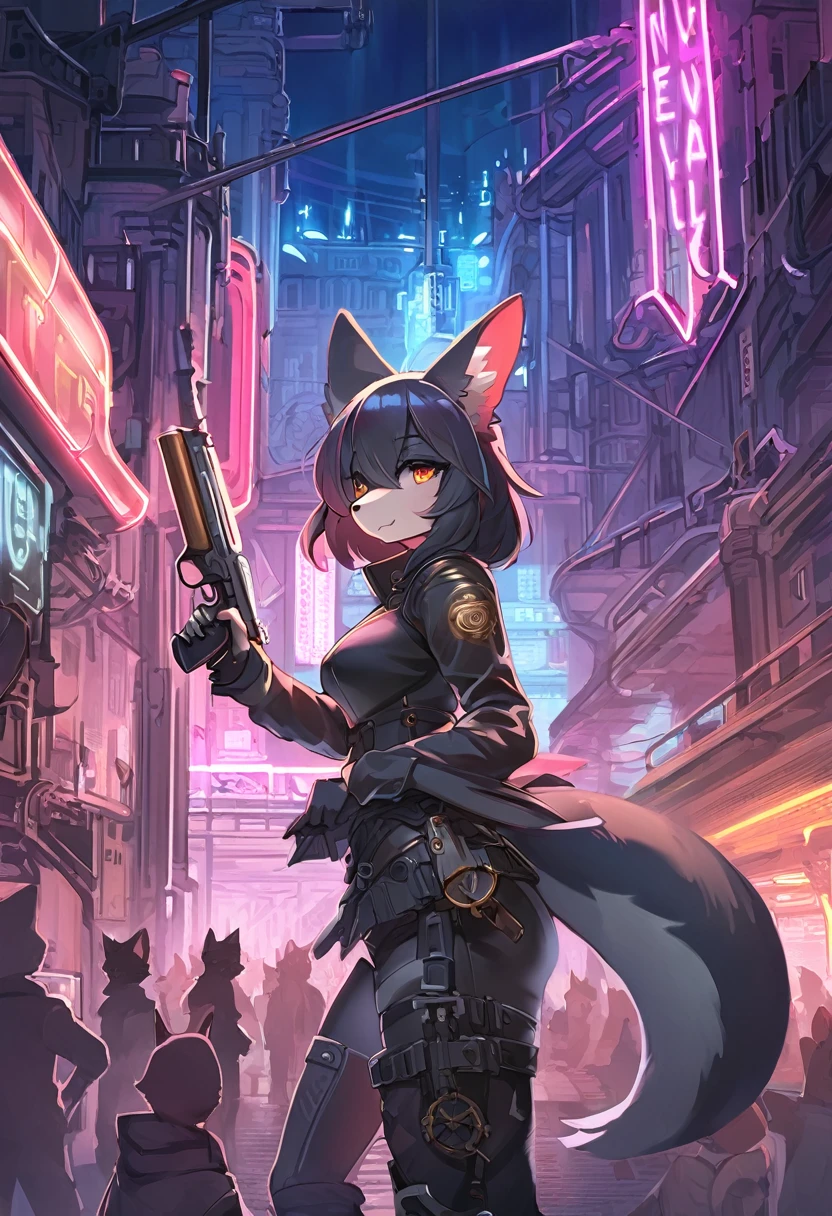 any outfit, any pose, cat, any fur color, any fur pattern, any eye color, and pupil color and shape, ruined and abandoned city, looking at user, any view, any place, full body, massive breasts and hips, undersized or oversized outfit, armed or unarmed, doing anything, tall, adult, full face blush, glowing eyes, any weapon, athletic, headphones [any color], ammo belt, night, rooftop or ground, any expression, doing anything, run-down scifi billboards, 4girls, fluffy tail, massive butt