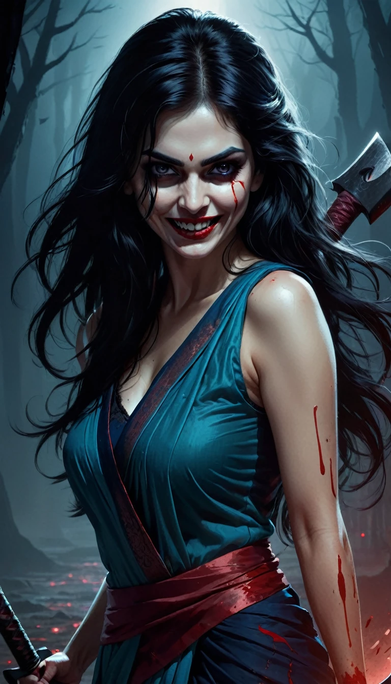 Digital illustration with a dark, eerie style. The layout features a central figure, a woman with long, disheveled black hair, towards the viewer., holding an axe in hand, Her skin is pale, and her eyes are glowing white, big breast , scary looks, cruel smile on face, blood on teeth, giving her a menacing appearance. She has a wide, sinister grin with sharp teeth. The woman is dressed in a blue sari (sleeveless) , dark atmosphere, scary bloody ambience