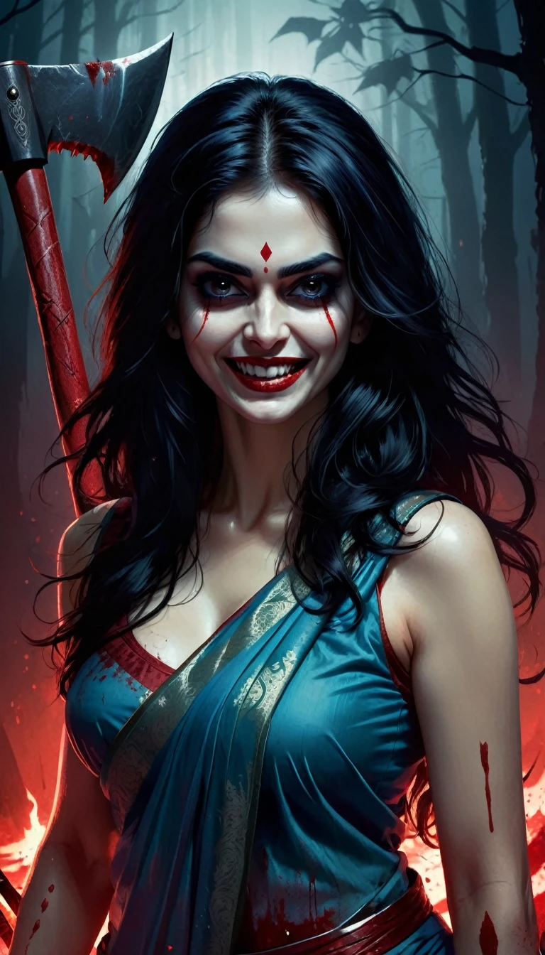 Digital illustration with a dark, eerie style. The layout features a central figure, a woman with long, disheveled black hair, towards the viewer., holding an axe in hand, Her skin is pale, and her eyes are glowing white, scary looks, cruel smile on face, blood on teeth, giving her a menacing appearance. She has a wide, sinister grin with sharp teeth. The woman is dressed in a blue sari (sleeveless) , dark atmosphere, scary bloody ambience