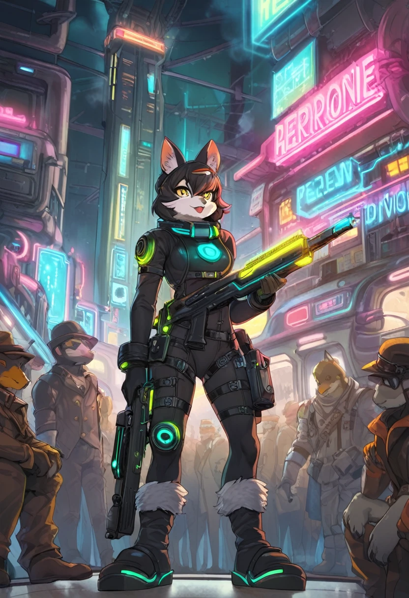 masterpiece, best quality, novel illustration, highres, steam-punk meets sci-fi, rubber suit, neon lights glowing, station platform crowded, (1boy, 1girl, hero, heroine, kemono, furry, anthro), shoots weapon, alluring neon-glow, steam-punk world, gothic atmosphere, sensuality of the scene, 1girl protagonist with gun, station scene, neon sign, glittering neon cityscape, crowd of people.