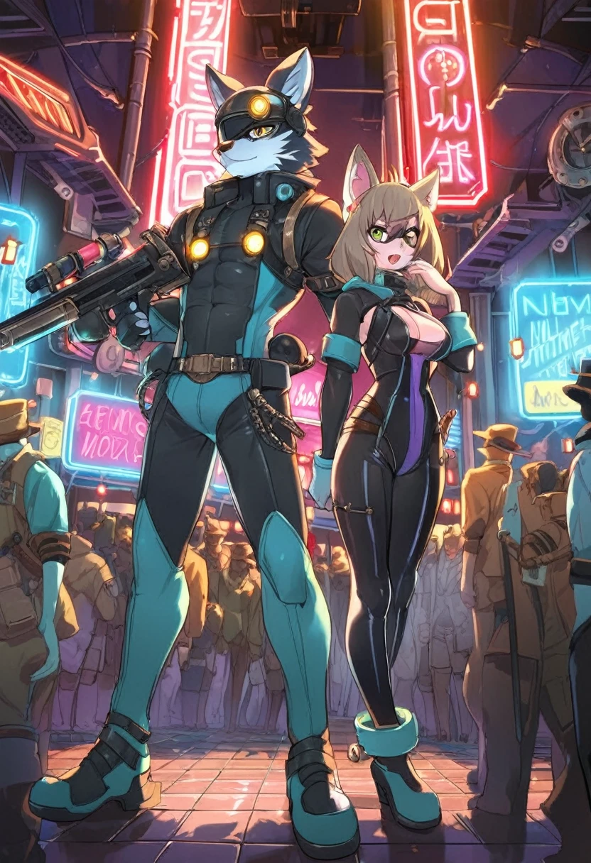 masterpiece, best quality, novel illustration, highres, steam-punk meets sci-fi, rubber suit, neon lights glowing, station platform crowded, (1boy, 1girl, hero, heroine, kemono, furry, anthro), shoots weapon, alluring neon-glow, steam-punk world, gothic atmosphere, sensuality of the scene, 1girl protagonist with gun, station scene, neon sign, glittering neon cityscape, crowd of people.