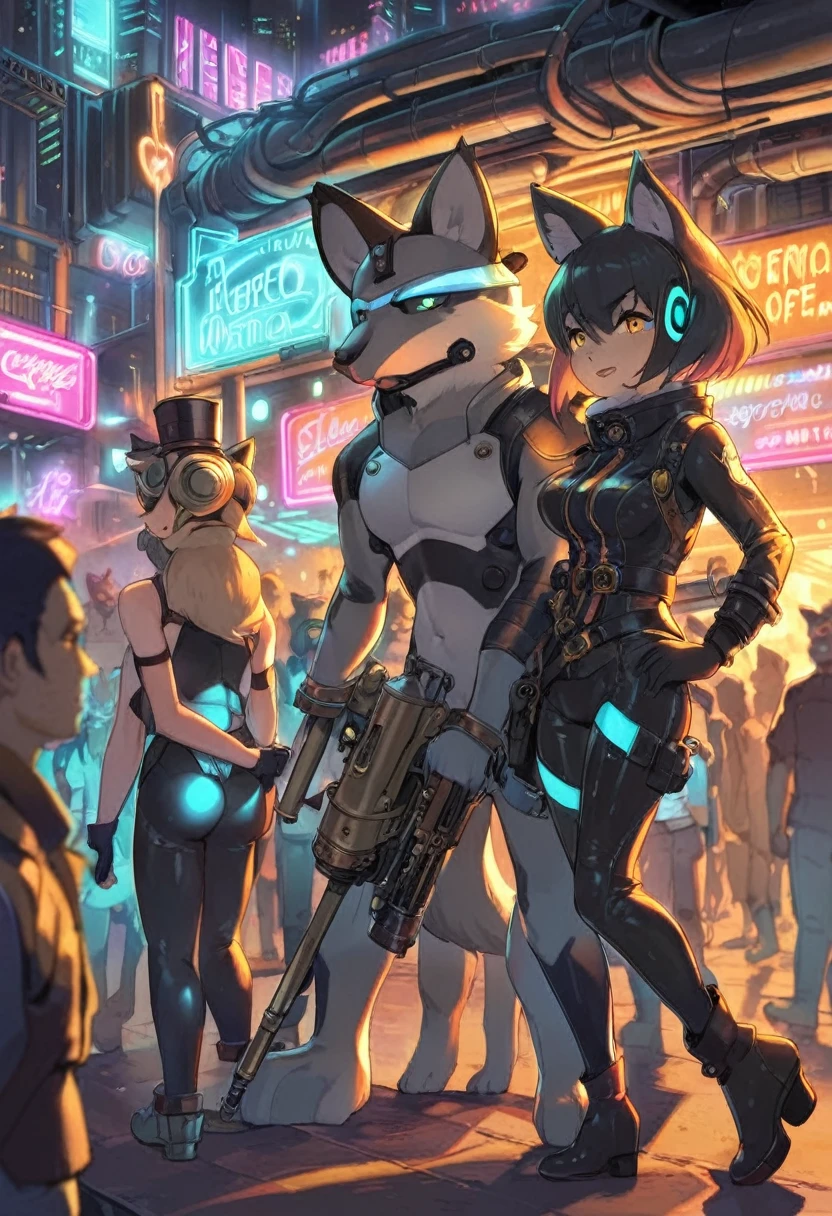 4 girls together, any outfit, any pose, cat, any fur color, any fur pattern, any eye color, and pupil color and shape, ruined and abandoned city, looking at user, any view, any place, full body, massive breasts and hips, oversized or undersized outfit, armed or unarmed, doing anything, tall, adult, full face blush, glowing eyes, any weapon, athletic, headphones [any color], ammo belt, night, rooftop or ground, any expression, doing anything