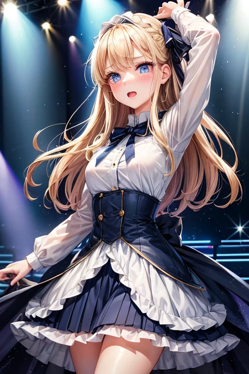 One adult woman,cool,Beauty,blush,Navy blue military uniform ,Long Skirt,straight,long,Blonde,Blue Eyes,大きなSparklingしてるピアス,Singing on stage,Singing passionately,Sweat,Strong spotlight,Sparkling