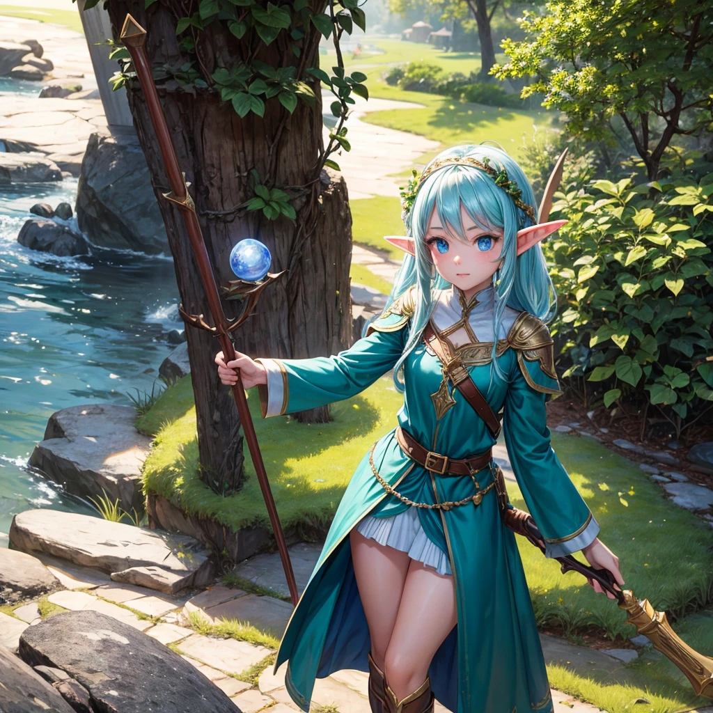 elf Girl holding a staff and standing as support Camera angle looking down
