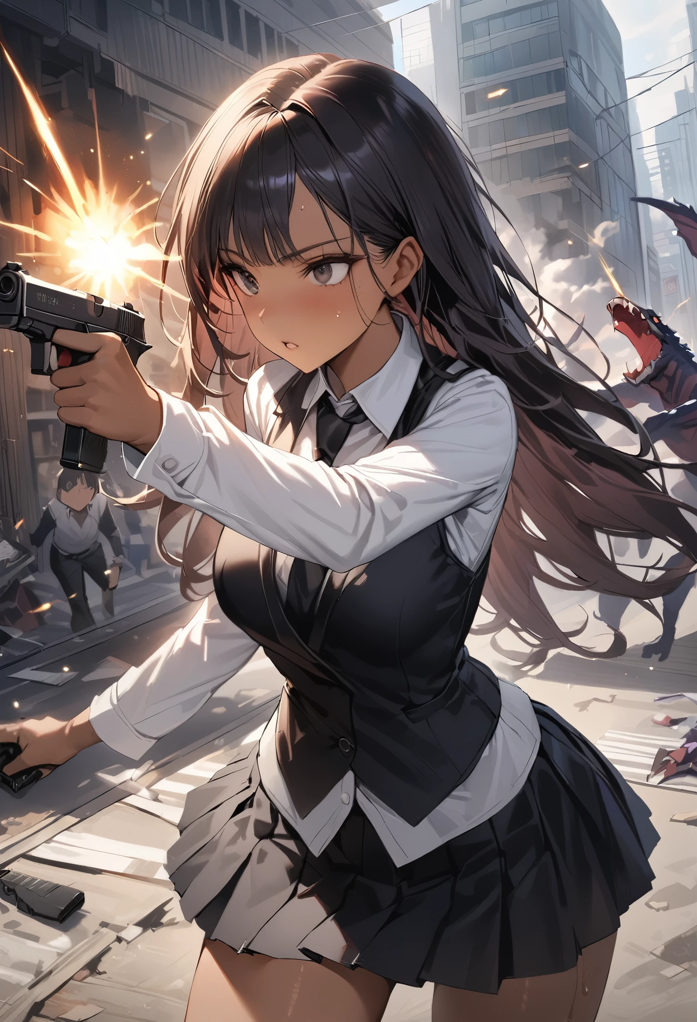 (Woman and monster fight scene),((masterpiece,Highest quality:1.3,best quality illustration)),realistic,cowboy shot,1woman,(22 year old beauty),((very small head:1.4)),ideal ratio body proportions,(dark blue hair),straight long hair,bangs,black eyes,gorgeous big eyes,((tan skin,skinny)),(Black vest、Black tie、White collared shirt、Long sleeve、Black pleated mini skirt)),medium breasts,gleaming skin,slender body,sweat,(Detailed handgun,Firing stance),on street,(Multiple Monsters)、Collapsed Buildings、Tokyo、