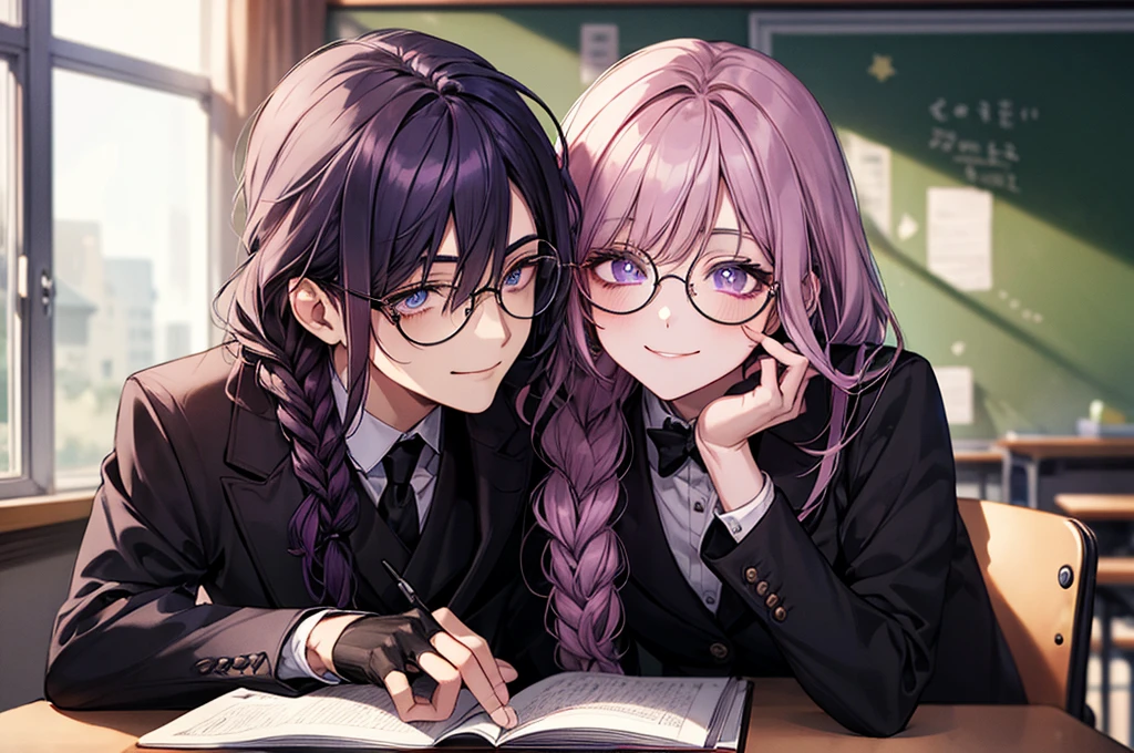 men's,single braid hair,violet colored hair,(Eye 1:2,Clear eyes,Elaborate Eyes,Delicate pupils,Good eyes,eye detailed),Face Focus,Adult,In black suit,best qualtiy,facial detailing,Classroom,sit on desk,sitting in the couch,lazy,Detailed background,diffuse sunlight,depth of fields,Studying Smiling at your desk, violet eyes,black gloves, round glasses, long sleeves,violet hair, smile,
