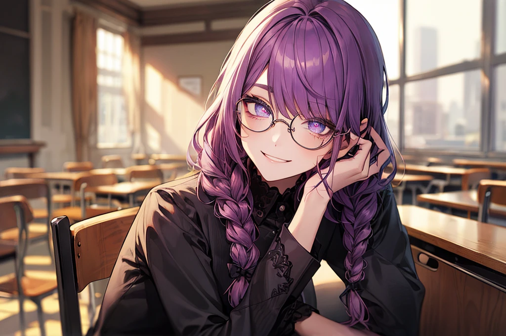 men's,single braid hair,violet colored hair,(Eye 1:2,Clear eyes,Elaborate Eyes,Delicate pupils,Good eyes,eye detailed),Face Focus,Adult,In black suit,best qualtiy,facial detailing,Classroom,sit on desk,sitting in the couch,lazy,Detailed background,diffuse sunlight,depth of fields,Studying Smiling at your desk, violet eyes,black gloves, round glasses, long sleeves,violet hair, smile,
