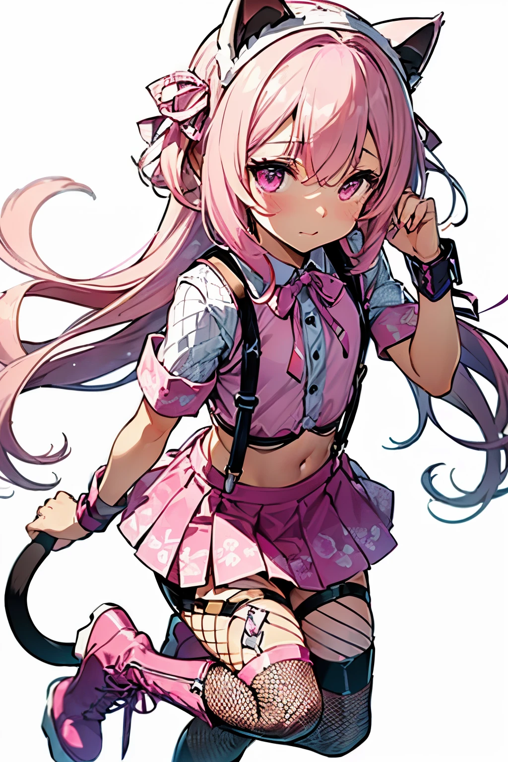 One girl, Blushing,
BREAK (pink and white theme:1.4), (headdress with pink fake cat ears:1.4), (wear a pink suspenders over an off-shoulder short-sleeve white crop top:1.4), (pink heart(symbol) print on crop top:1.3), ((stomach, navel):1.2), (low-rise pink latex (A-line:1.2) tiered skirt with suspenders:1.3), (pink tiered mini skirt with pink suspenders:1.3), (pink wristband:1.3), (has a beautiful mesh fishnet tights:1.3), (countless small pink ribbon decorations:1.3), (white latex platform boots:1.2),
White background,