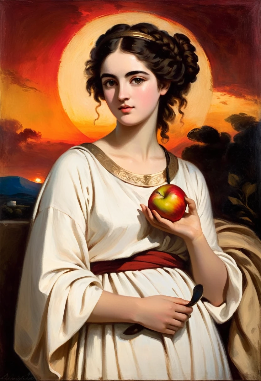 [[(front full portrait: (young Greek woman of the period of antiquity with apple)in a white Greek tunic), on Parnas, ((Joshua Reynolds style)), [dress ((Joshua Reynolds style))]):20]/[background: ancient Greece ampir
 , old canva, (scarlet sunset), ((style antique greece))]/[very colorful,((oil painting palette knife))((masterpiece))]]