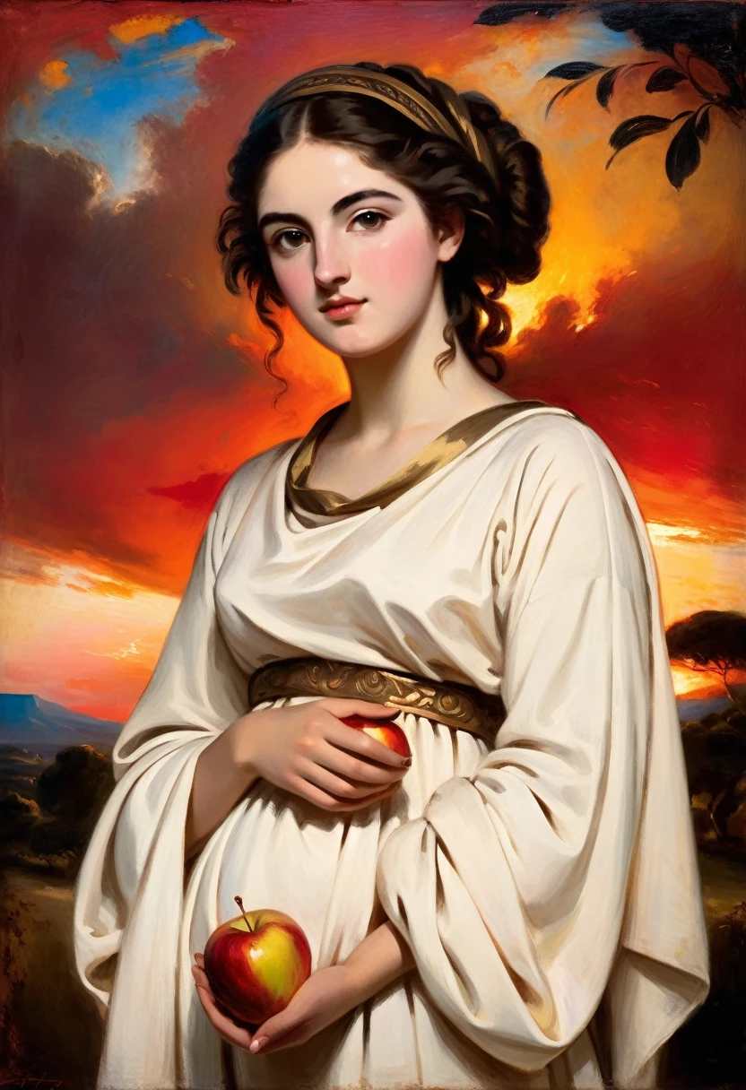 [[(front full portrait: (young Greek woman of the period of antiquity with apple)in a white Greek tunic), on Parnas, ((Joshua Reynolds style)), [dress ((Joshua Reynolds style))]):20]/[background: ancient Greece ampir
 , old canva, (scarlet sunset), ((style antique greece))]/[very colorful,((oil painting palette knife))((masterpiece))]]