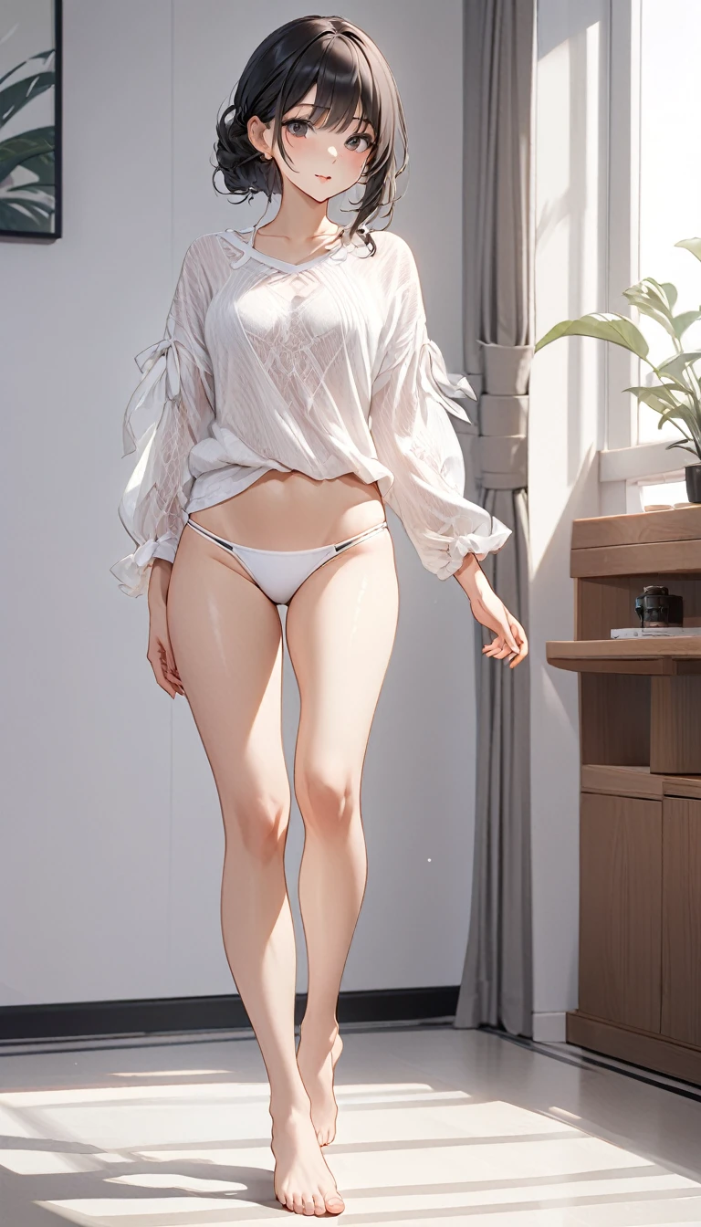 Extremely delicate full-body shot, 1girl, 独奏, Detailed and accurate body, Firm and moisturized skin texture, Clear details, Revealing facial details, barefoot, Anatomically correct hand, Casual clothing, Ultimate Quality, 