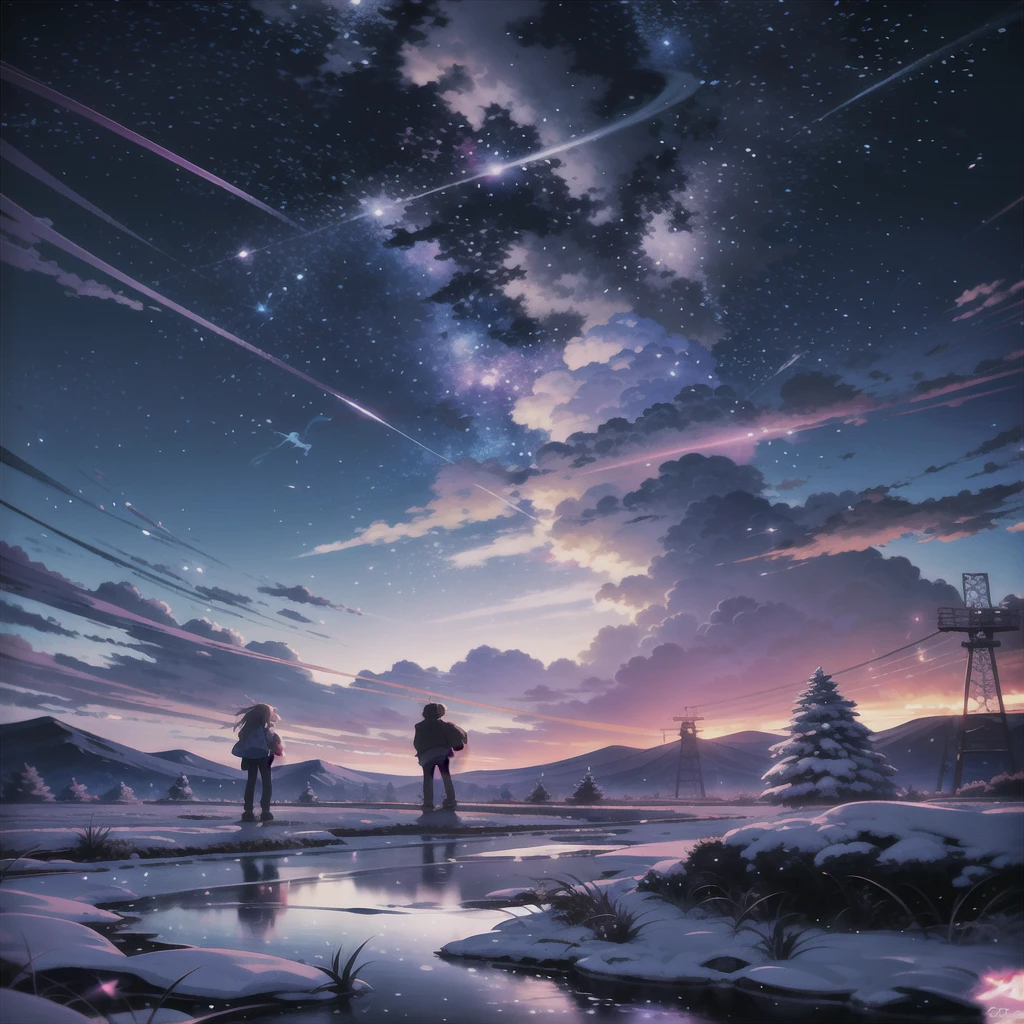 anime scenery of two people standing on a rock looking at the sky, cosmic skies. by makoto shinkai, makoto shinkai cyril rolando, beautiful anime scene, anime sky, anime art wallpaper 4 k, anime art wallpaper 4k, anime art wallpaper 8 k, anime beautiful peace scene, in style of makoto shinkai, 4k anime wallpaper