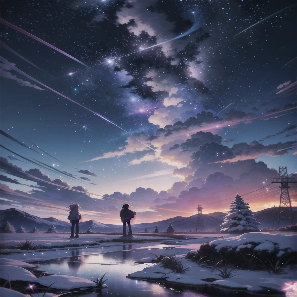 anime scenery of two people standing on a rock looking at the sky, cosmic skies. by makoto shinkai, makoto shinkai cyril rolando, beautiful anime scene, anime sky, anime art wallpaper 4 k, anime art wallpaper 4k, anime art wallpaper 8 k, anime beautiful peace scene, in style of makoto shinkai, 4k anime wallpaper