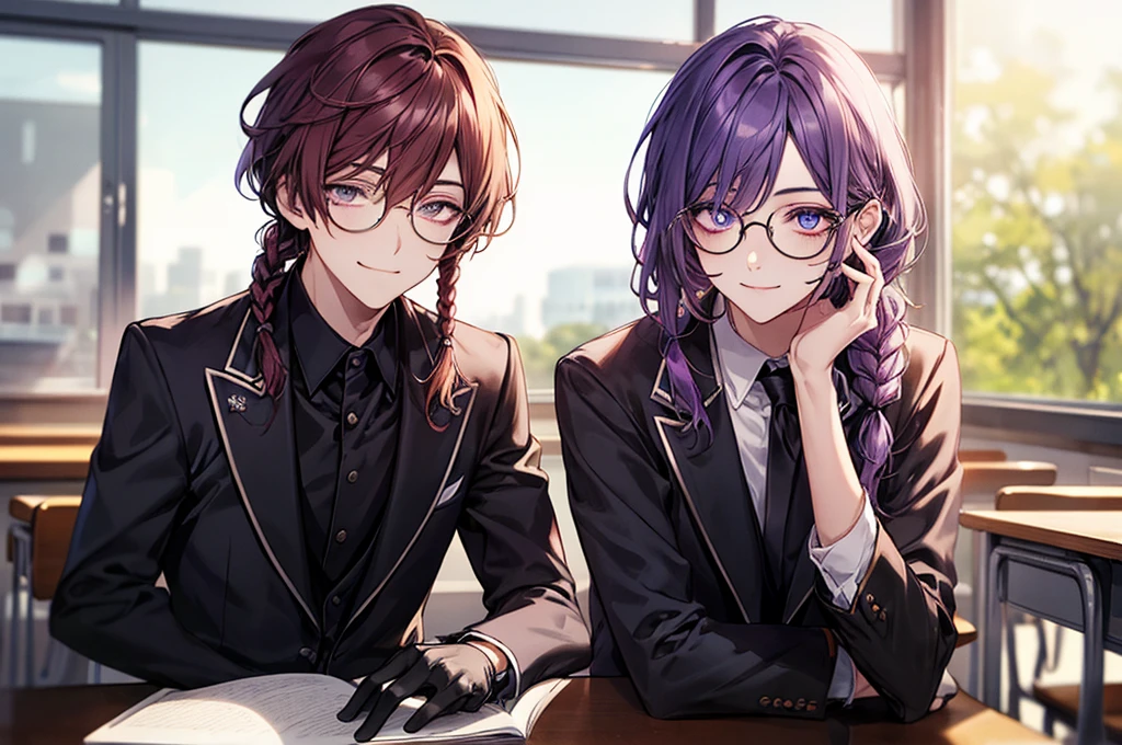 men's,single braid hair,violet colored hair,(Eye 1:2,Clear eyes,Elaborate Eyes,Delicate pupils,Good eyes,eye detailed),Face Focus,Adult,In black suit,best qualtiy,facial detailing,Classroom,sit on desk,sitting in the couch,lazy,Detailed background,diffuse sunlight,depth of fields,Studying Smiling at your desk, violet eyes,black gloves, round glasses, long sleeves,violet hair, smile,