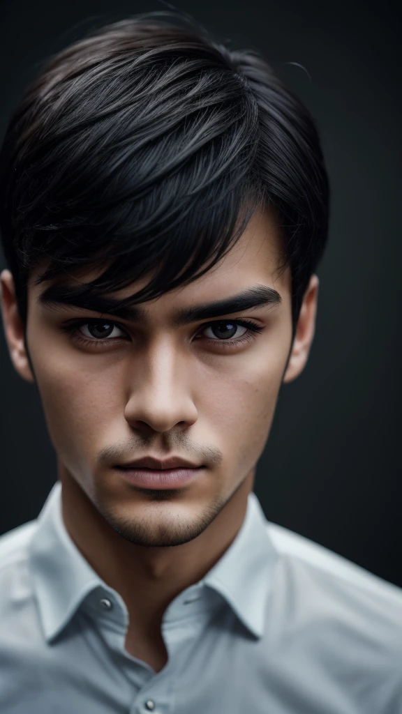 There is a young man, with black hair, staring to the side, with gloomy air, masterpiece, best quality, realistic, 1 man, male focus, handsome, [thick eyebrows], portrait, extremely detailed face, black hair, (short hair)