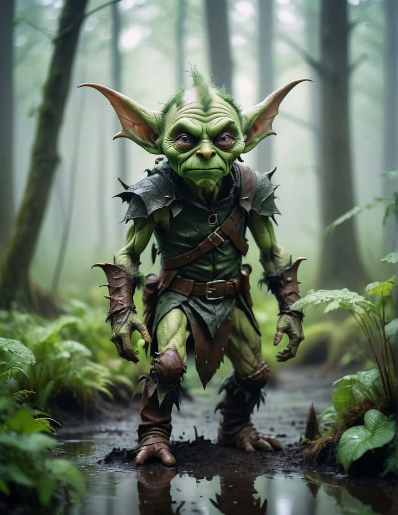 A photo of a (mischievous goblin:1.3), standing defiantly in a foggy forest, (bright green skin:1.2), oversized ears, cunning expression, leather armor, (wet ground reflection:1.1), surrounded by emerging plant life, mysterious woodland setting, soft diffused light, Canon EOS 5D Mark IV, 1/125s, f/2.8, ISO 800, moody color grading, RAW photography, professional grade,