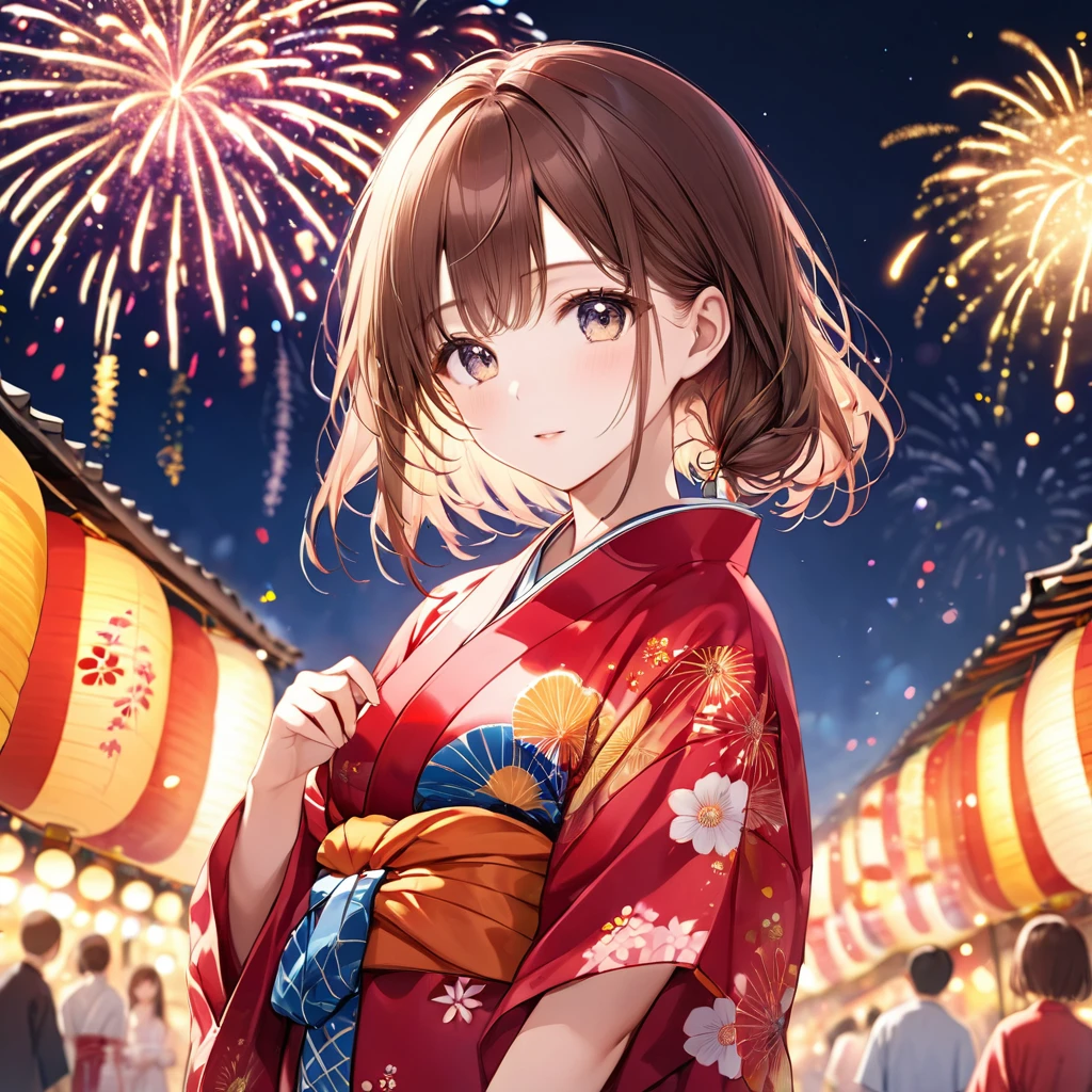 (Highest quality, 8k, 32K, masterpiece, Ultra-high resolution,:1.2),born, One girl,Super cute , Natural light,Clear, shining eyes, 20-year-old ,Fair skin, Yukata, Brown Hair, Summer festival, night, firework
